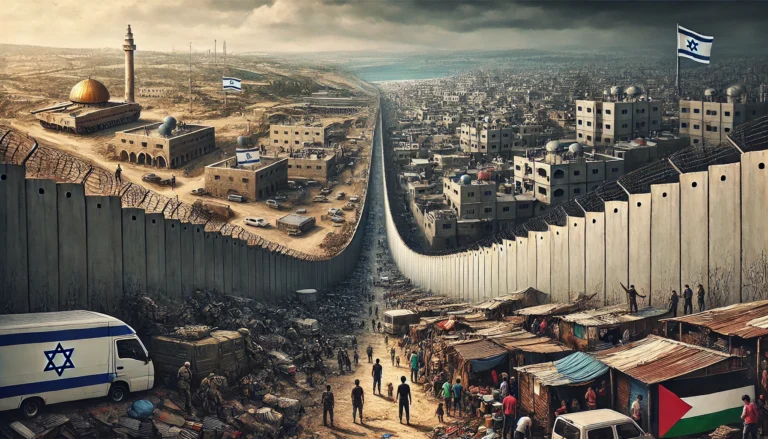 DALL·E 2024-08-10 16.38.30 - A powerful image depicting the Israeli-Palestinian conflict, showing a stark border wall that divides the scene in two. On one side, a landscape of Is