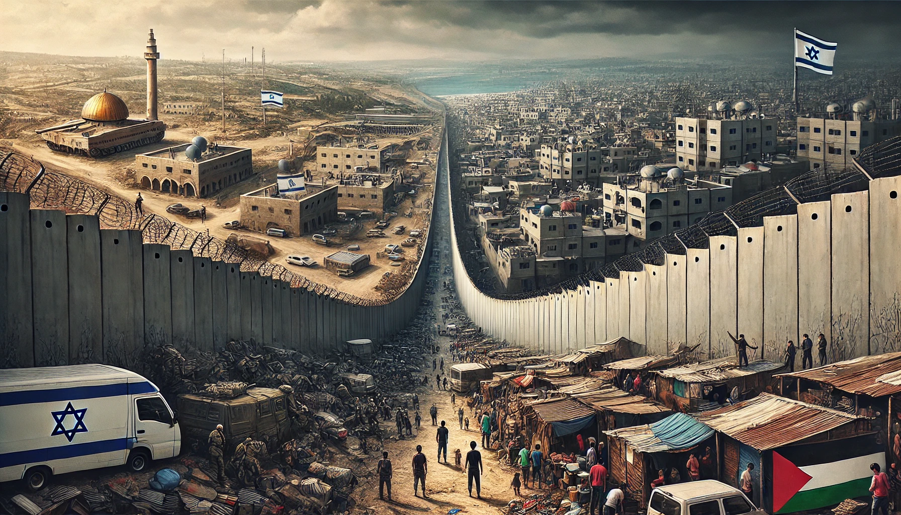 DALL·E 2024 08 10 16.38.30 A powerful image depicting the Israeli Palestinian conflict showing a stark border wall that divides the scene in two. On one side a landscape of Is